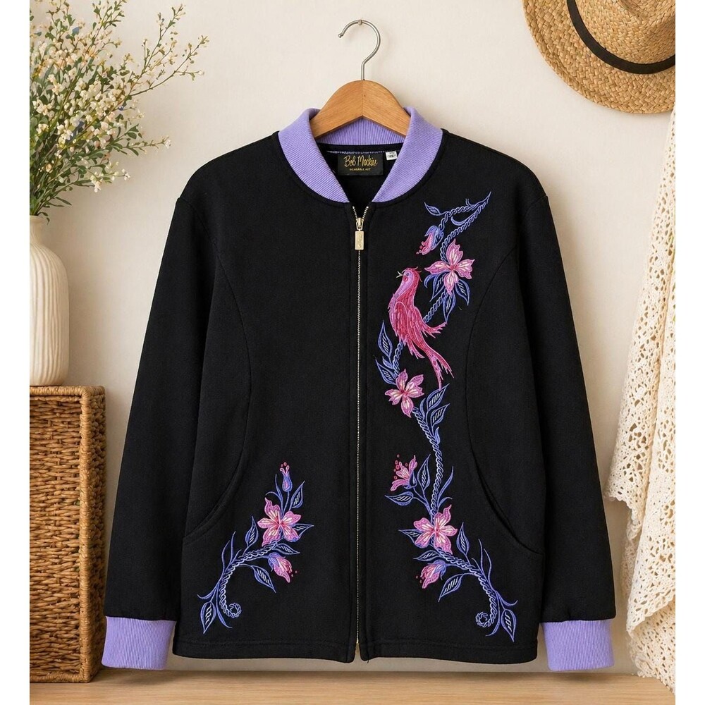 Vintage Bob Mackie Wearable Art Embroidered Bird Jacket Medium Black Maximalist